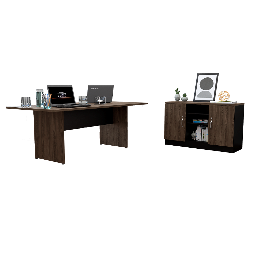 Mesa De Reunión M-200 + Gabinete 2P Home Office Color Negro Soft y Coñac Para Oficina